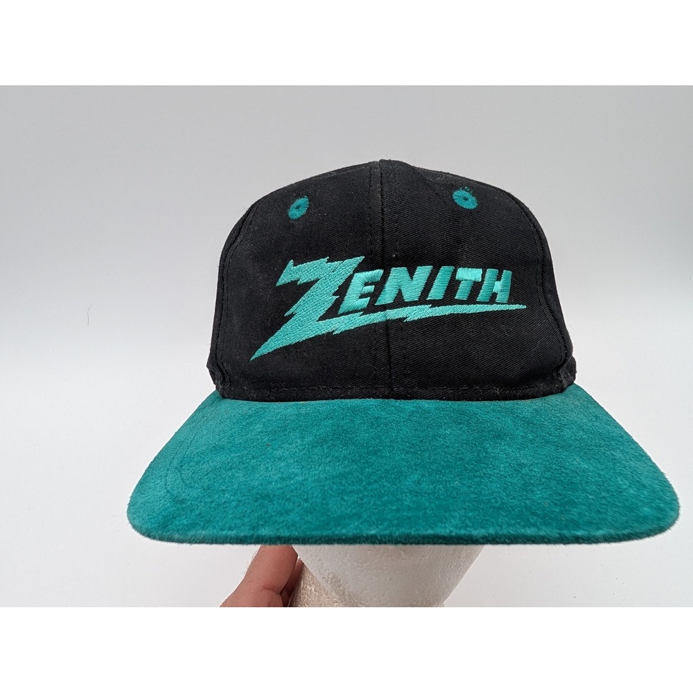 Vintage Zenith Electronics Snapback Hat Black Teal Head To Toe Faux Suede Brim